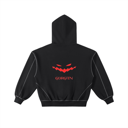 Contrast-stitched boxy fleece zip hoodie by ODMPOD, featuring a front zipper, cozy fleece fabric, and stylish stitching details.