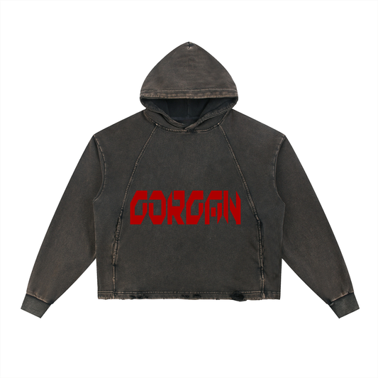 Vintage Washed Frayed-Hem Hoodie by ODMPOD, showing a casual gray hoodie with distressed frayed edges and a relaxed fit.