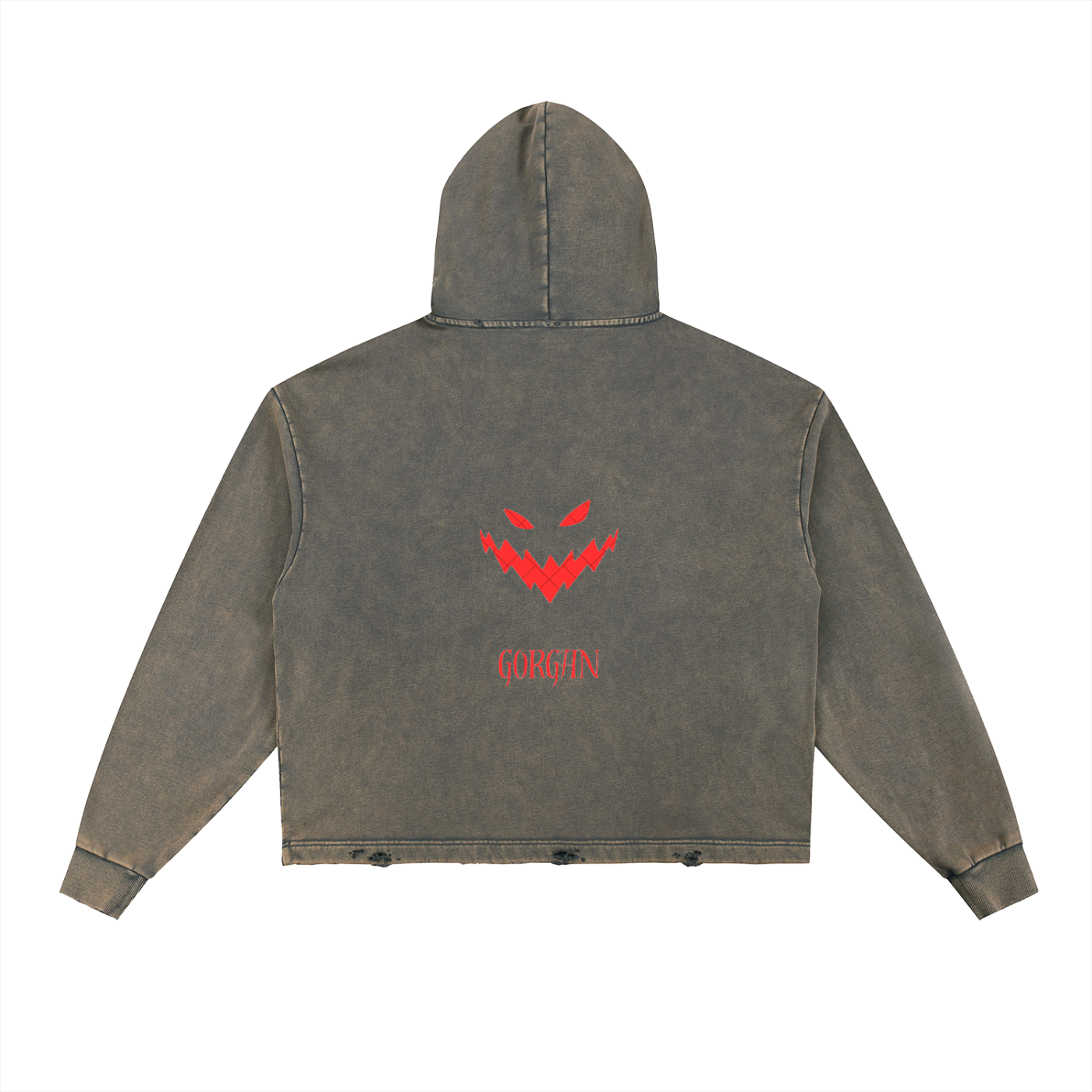 Vintage washed frayed-hem hoodie by ODMPOD, featuring distressed details and a relaxed fit, shown in a casual front view.