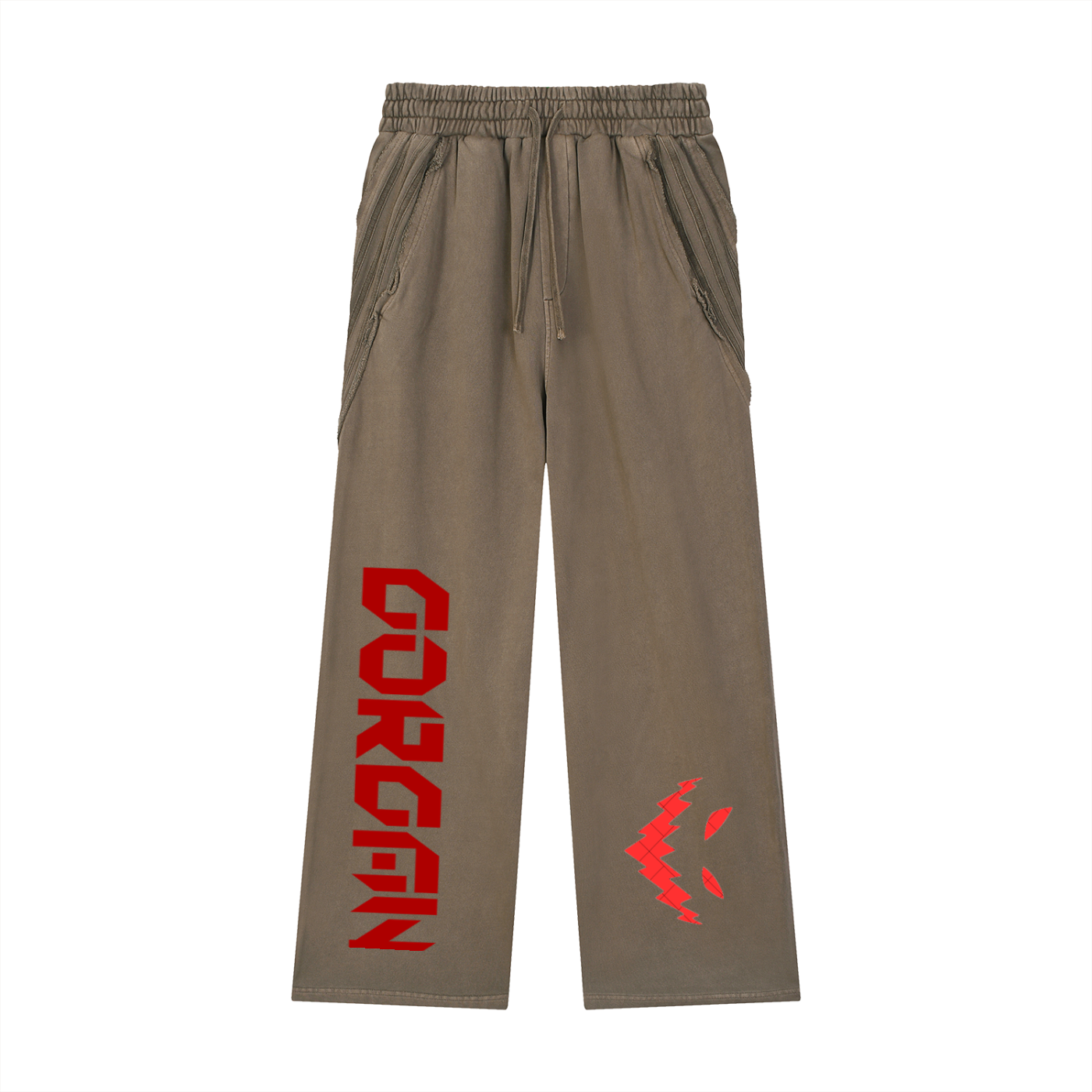 ODMPOD Snow Washed Tape Raw Edge Sweatpants showing relaxed fit, distressed raw hems, and casual streetwear style.