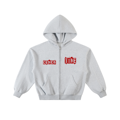 Contrast-stitched boxy fleece zip hoodie by ODMPOD featuring a front zipper, cozy fleece fabric, and stylish contrasting stitching.