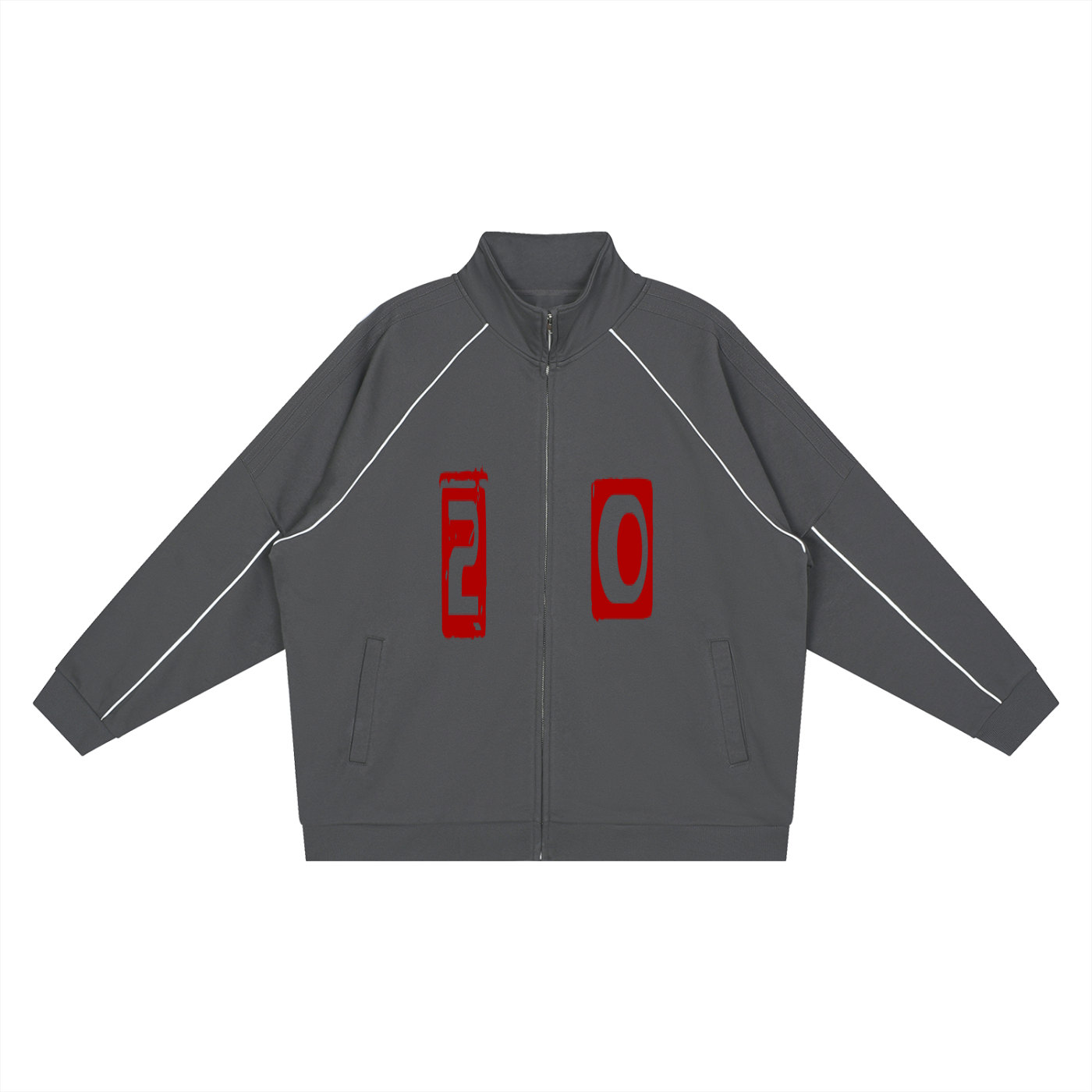ODMPOD Reflection Striped Raglan Sleeve Jacket shown in black and white with contrasting striped pattern on the sleeves.