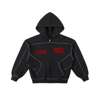 Contrast-stitched ODMPOD boxy fleece zip hoodie with front zipper, cozy fabric, and stylish design.