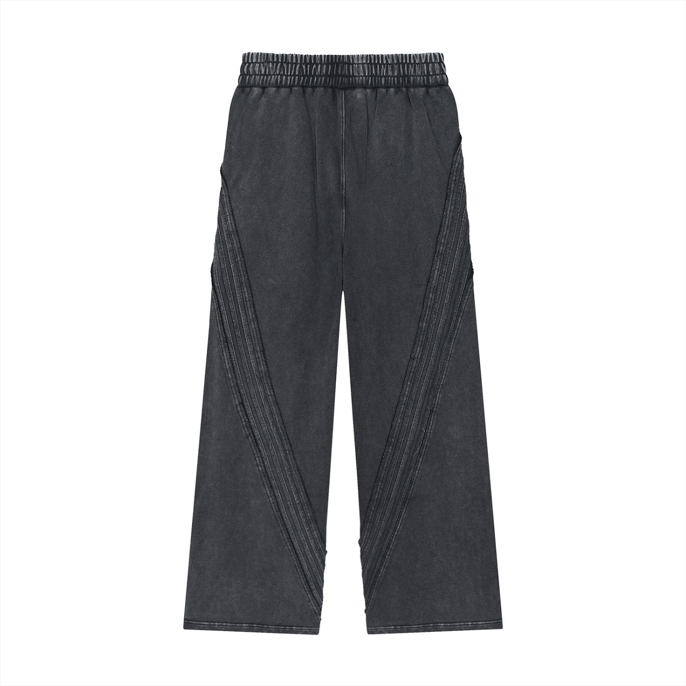 ODMPOD Snow Washed Tape Raw Edge Sweatpants with distressed hem and relaxed fit, shown in light gray fabric.