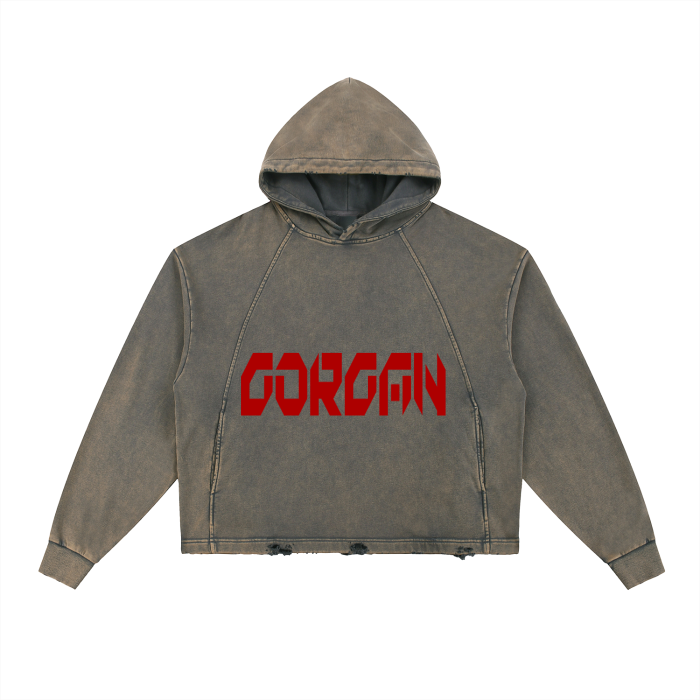 Vintage washed ODMPOD frayed-hem hoodie with distressed details and casual fit, showcasing a stylish, relaxed look.